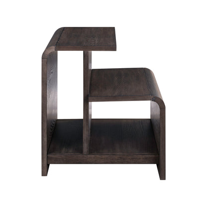 Dark wood end table with open front shelves and rounded corners