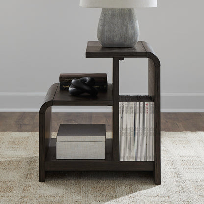 Dark wood end table with top ledge and lower open cubby