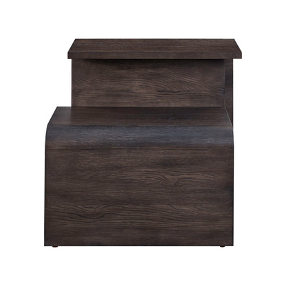 Dark wood end table front panel with open shelf detail
