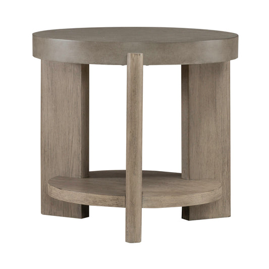 Abner round end table with spindle base and two-tier round shelves, wood-look