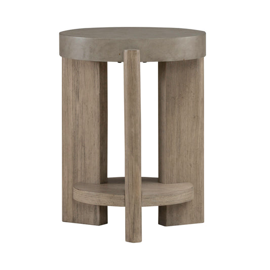 Round chairside table with gray top, distressed wood legs, and curved lower shelf