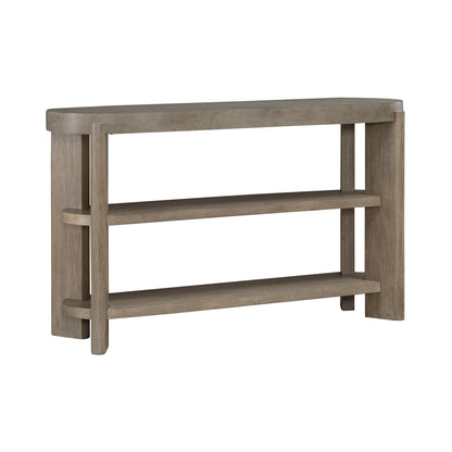 Sofa table with two open shelves and thick block legs in light gray wood