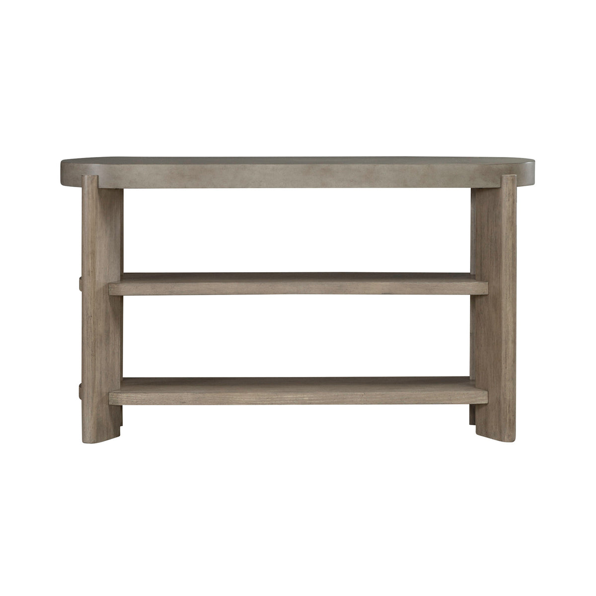 Sofa table with two open shelves, straight legs, and light gray wood finish