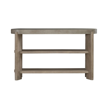 Sofa table with two open shelves, straight legs, and light gray wood finish