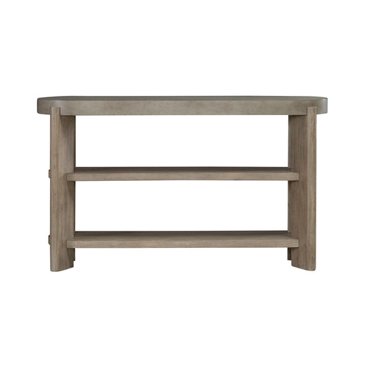 Sofa table with two open shelves, straight legs, and light gray wood finish