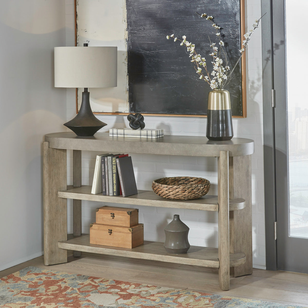 Sofa table with two-tier open shelving unit and thick frame, light gray wood
