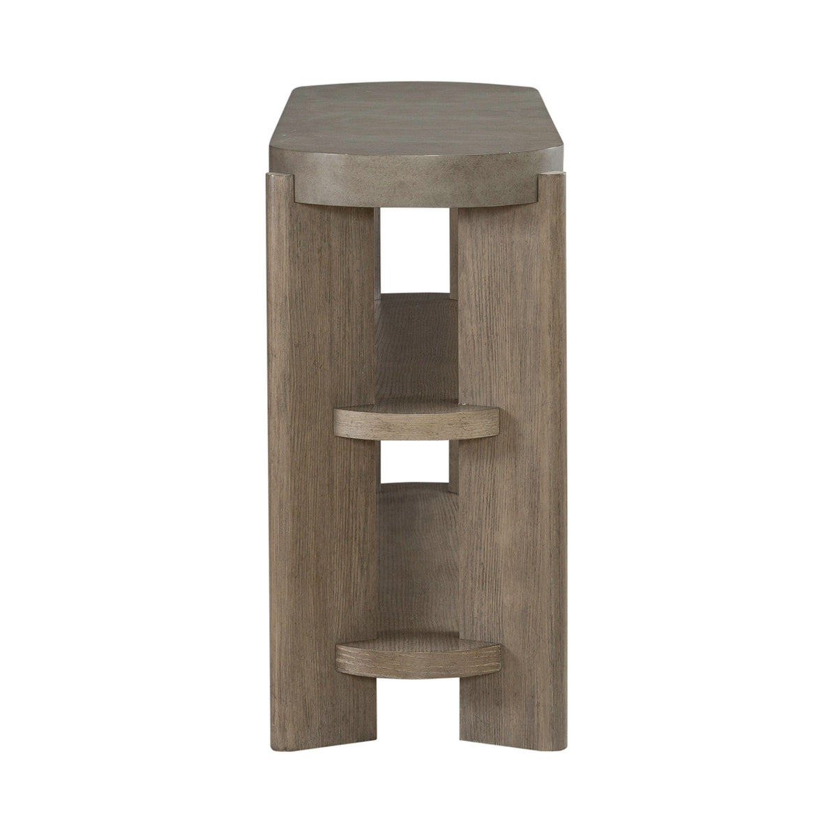 Sofa table end view with open shelves, square cut legs, and light gray wood