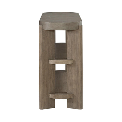Sofa table end view with open shelves, square cut legs, and light gray wood