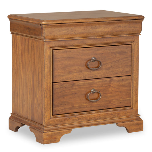 Wooden Dalton nightstand with two drawers and round metal ring pulls