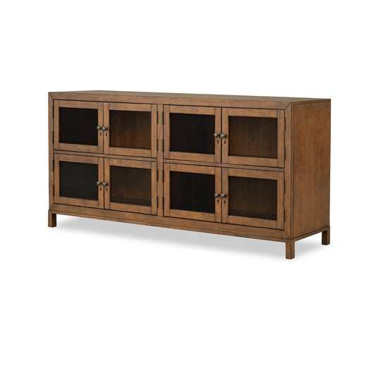 Wooden door console with multiple mesh-front cabinets and turned legs