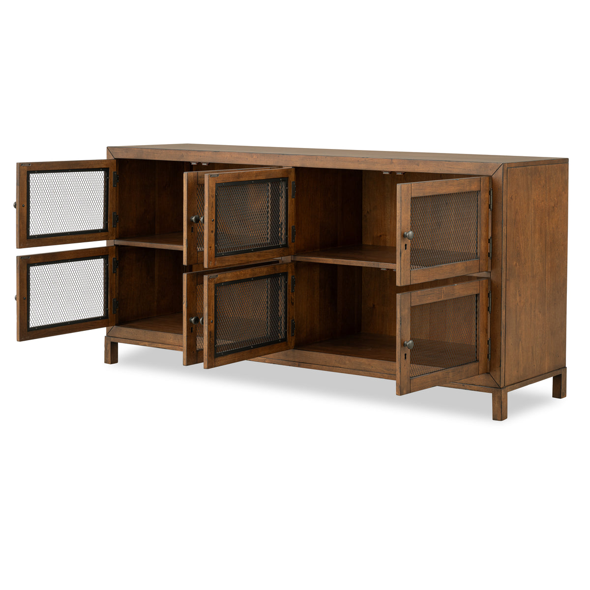 Wooden door console with open shelving and mesh cabinet panels