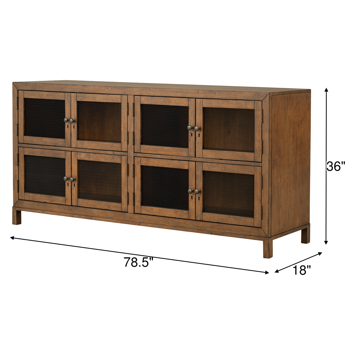 Wooden console with eight mesh door panels and wooden base