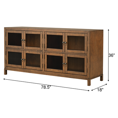Wooden console with eight mesh door panels and wooden base