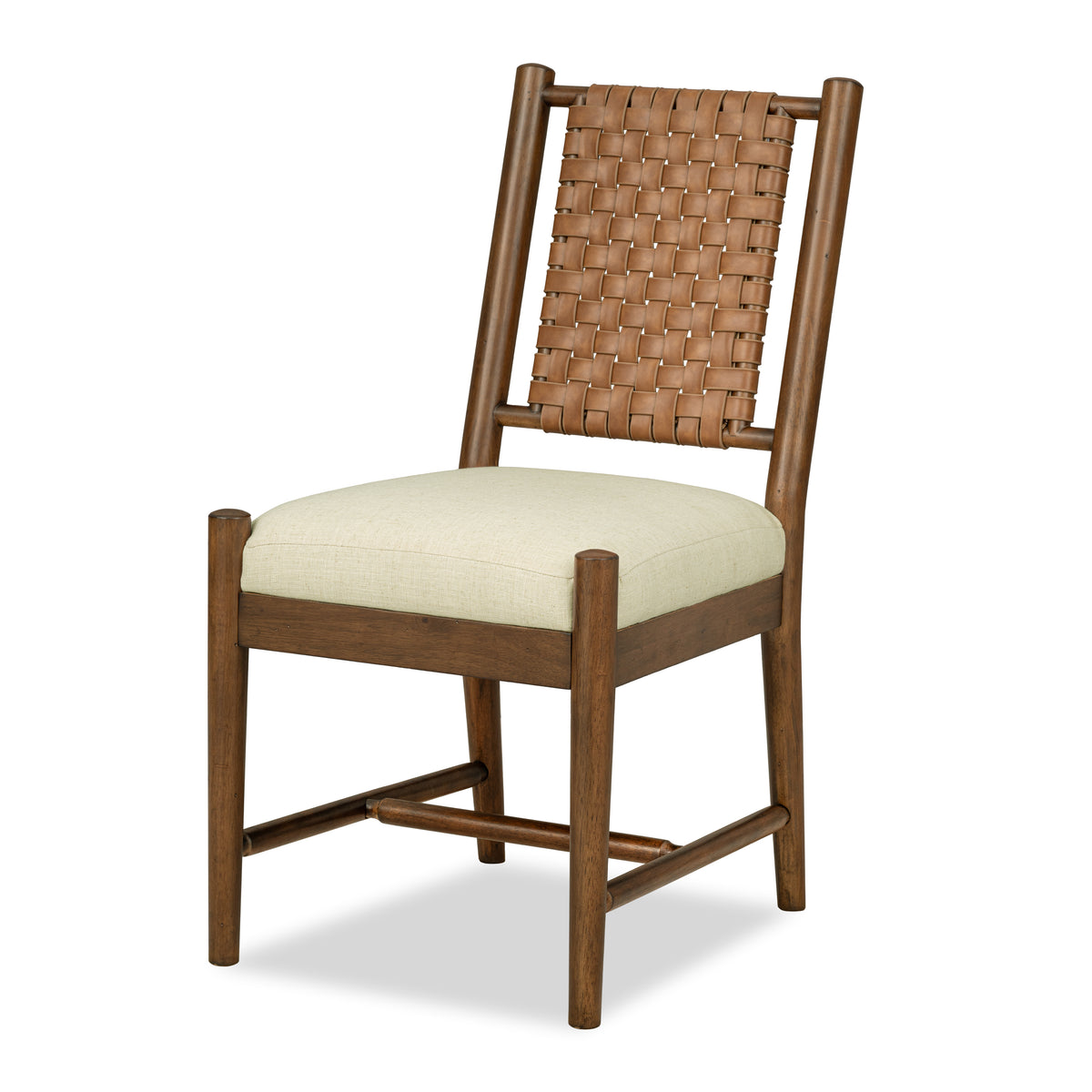 Woven back side chair with dark wood frame and cream upholstered seat