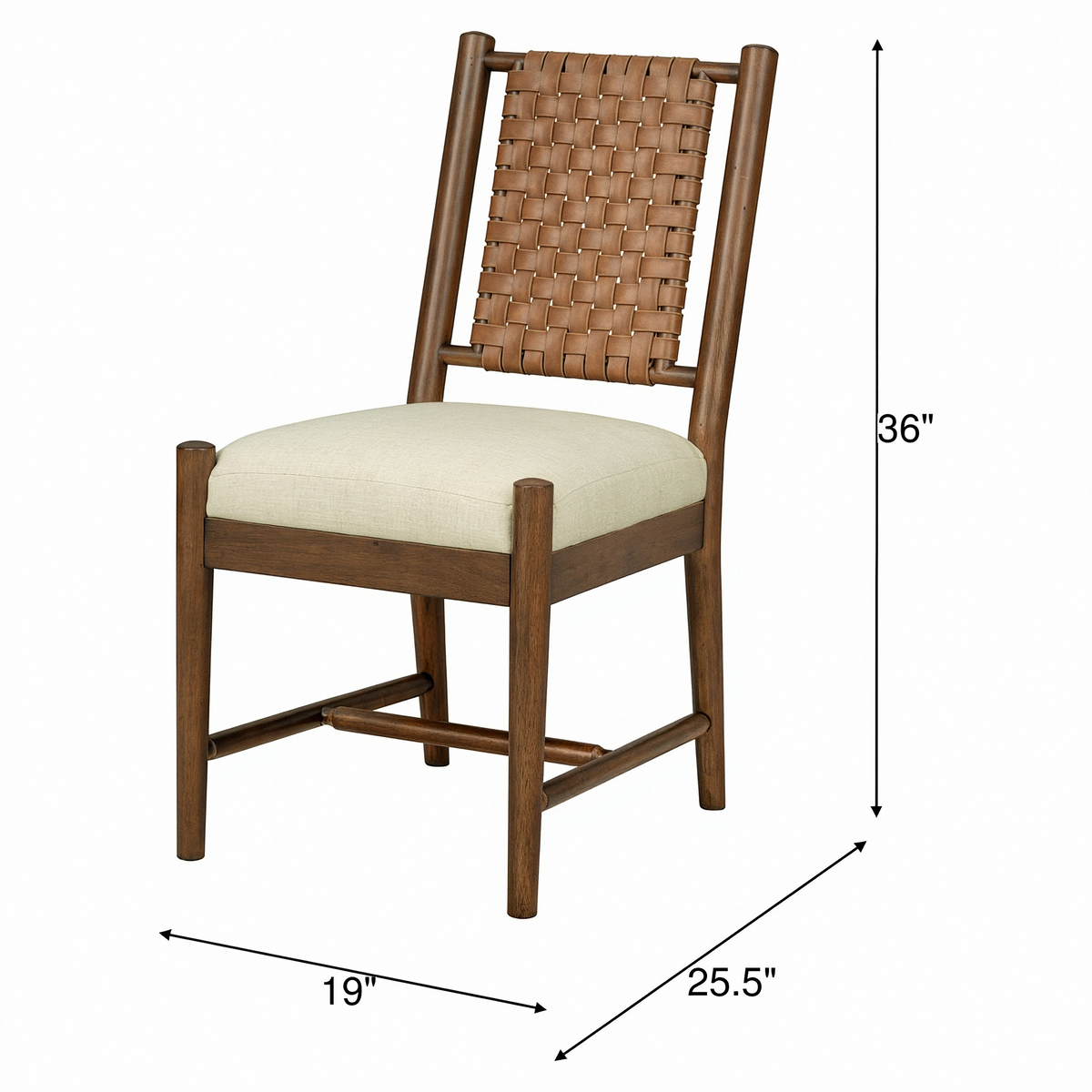 Side chair with woven back, dark wood legs, and cream seat cushion