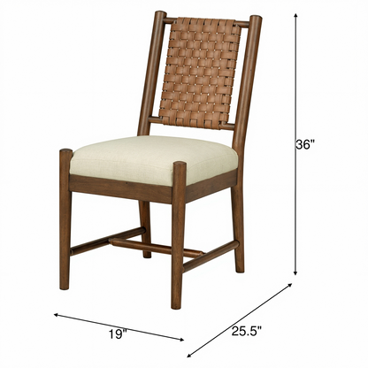 Side chair with woven back, dark wood legs, and cream seat cushion