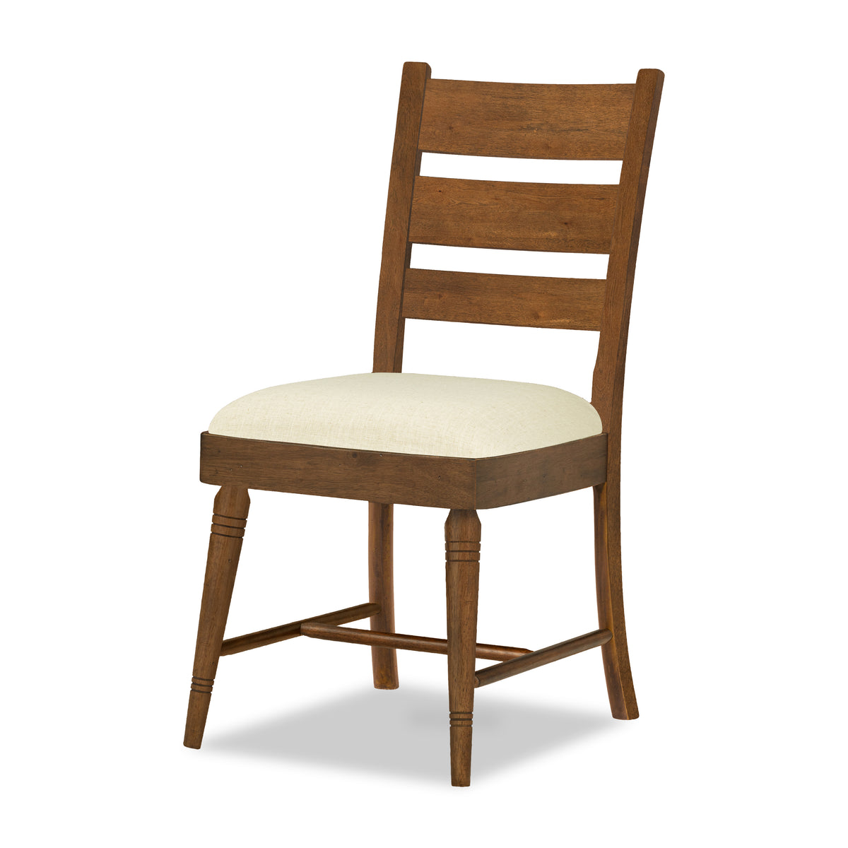 Pinecone ladder-back side chair with round cream upholstered seat cushion.