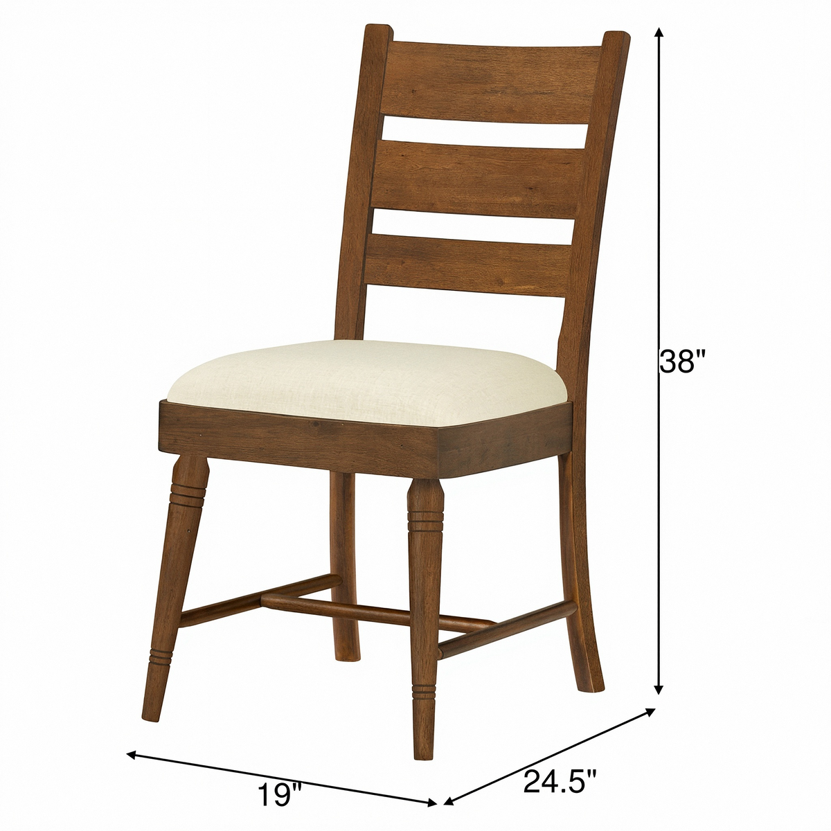 Pinecone ladder-back side chair with cream upholstered seat and curved wood legs.