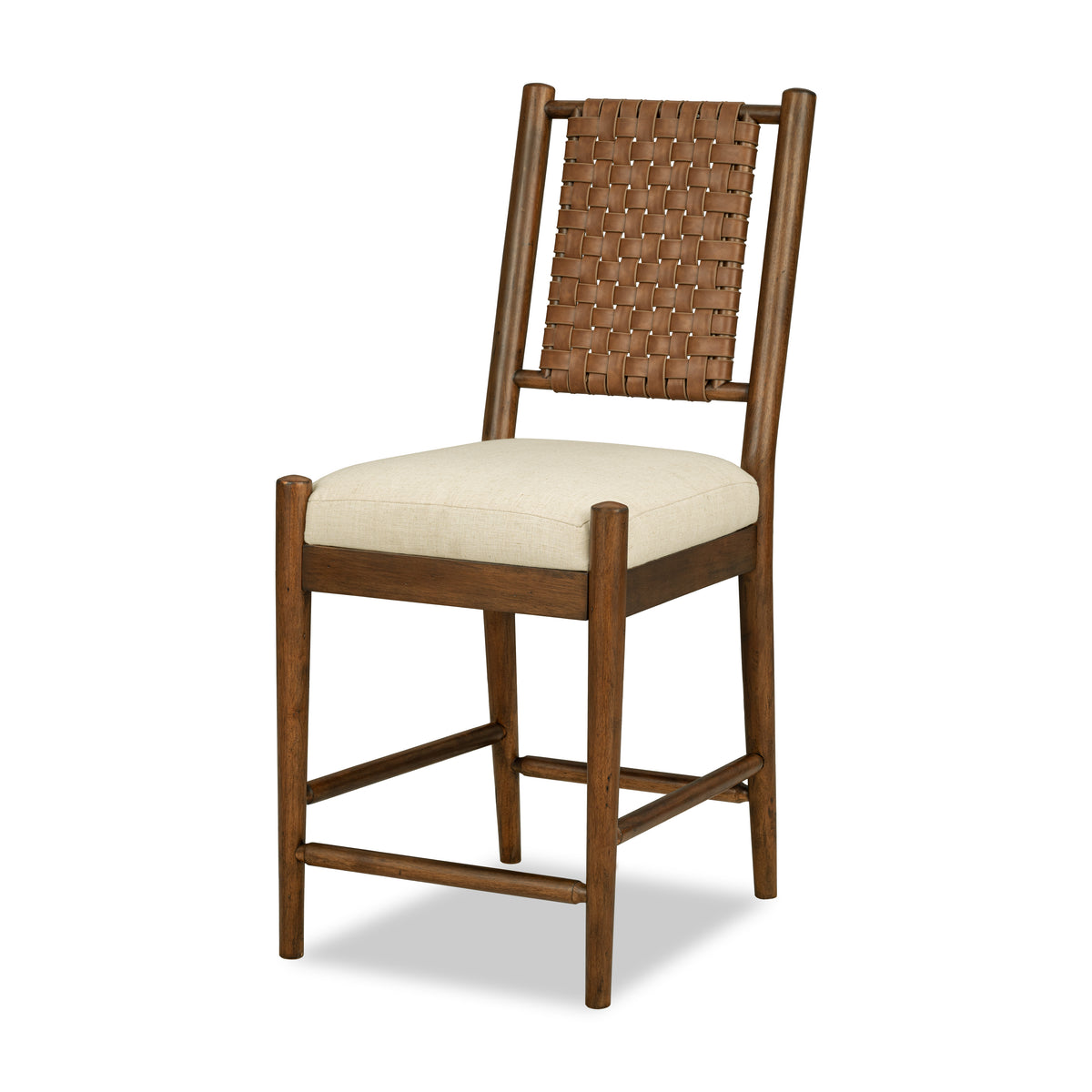 Counter height chair: woven wood back, beige seat cushion, dark wood frame