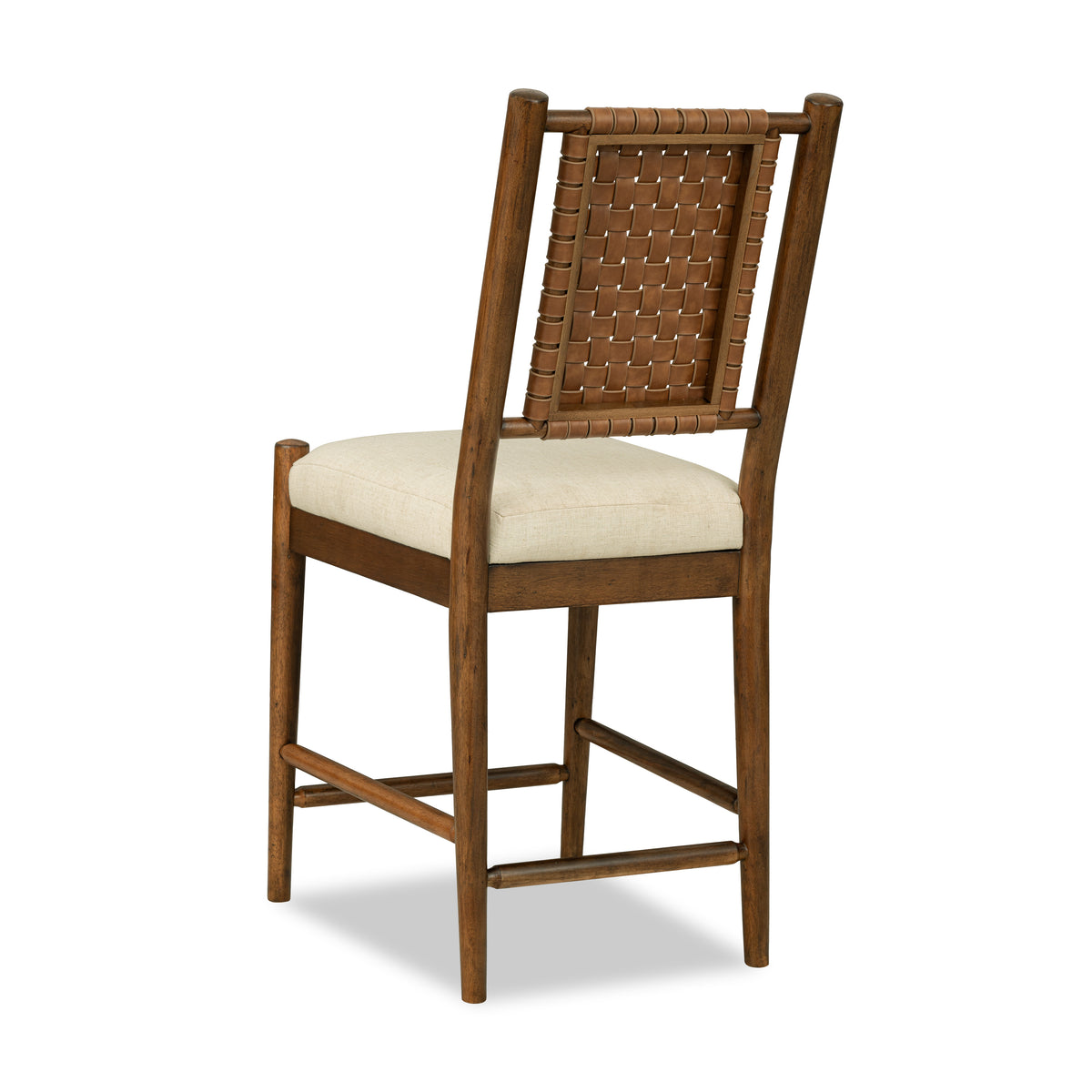 Counter height chair with woven wood backrest and beige padded seat, dark legs