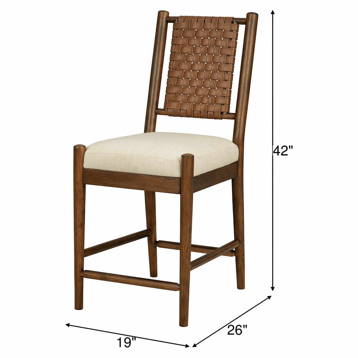 Counter height chair, woven wood back, beige seat; 42"H, 26"D, 19"W