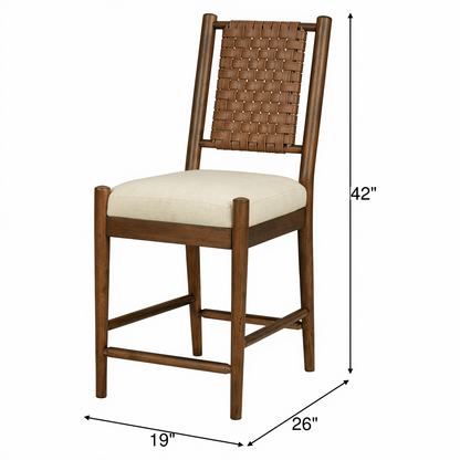 Counter height chair, woven wood back, beige seat; 42"H, 26"D, 19"W