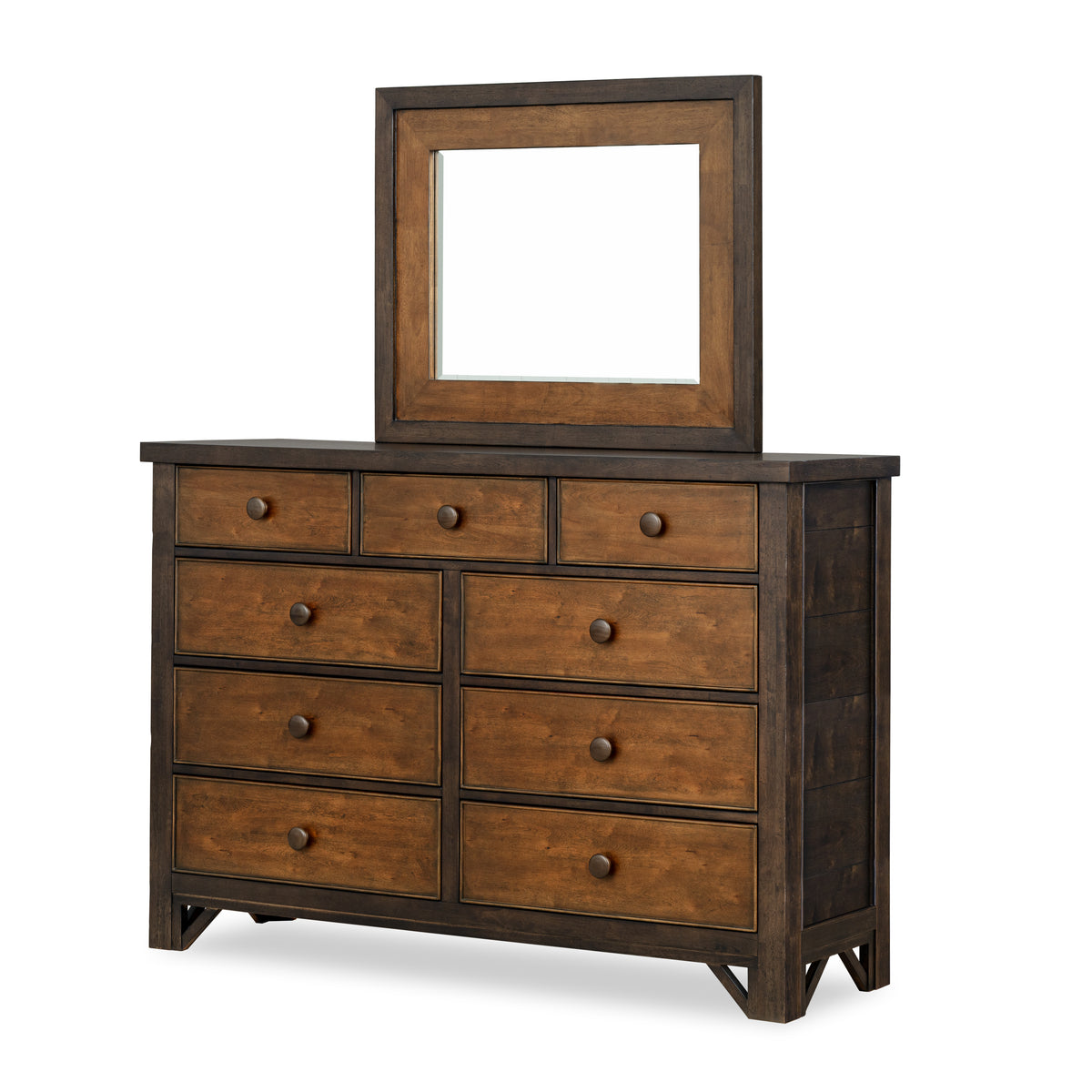 Wood dresser with mirror, eight drawers and round knobs; square frame on top