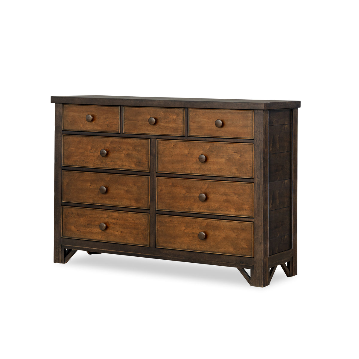 Wood dresser with eight drawers and round knobs, dark stained finish, front view
