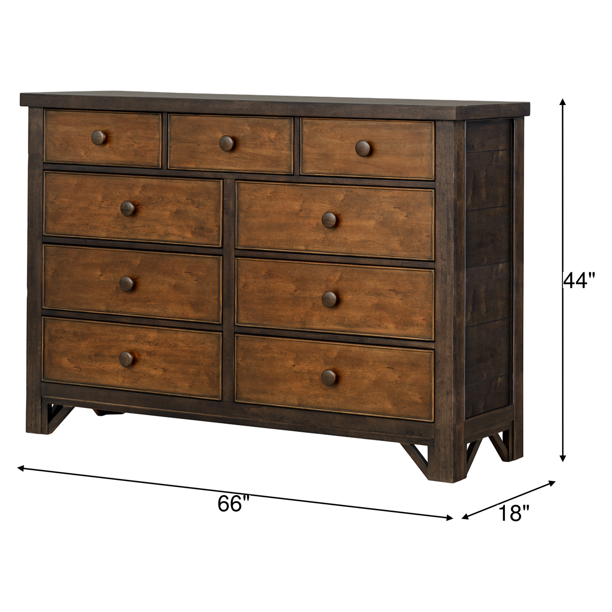Wood dresser with mirror, eight drawers, round knobs; 66"W x 44"H x 18"D