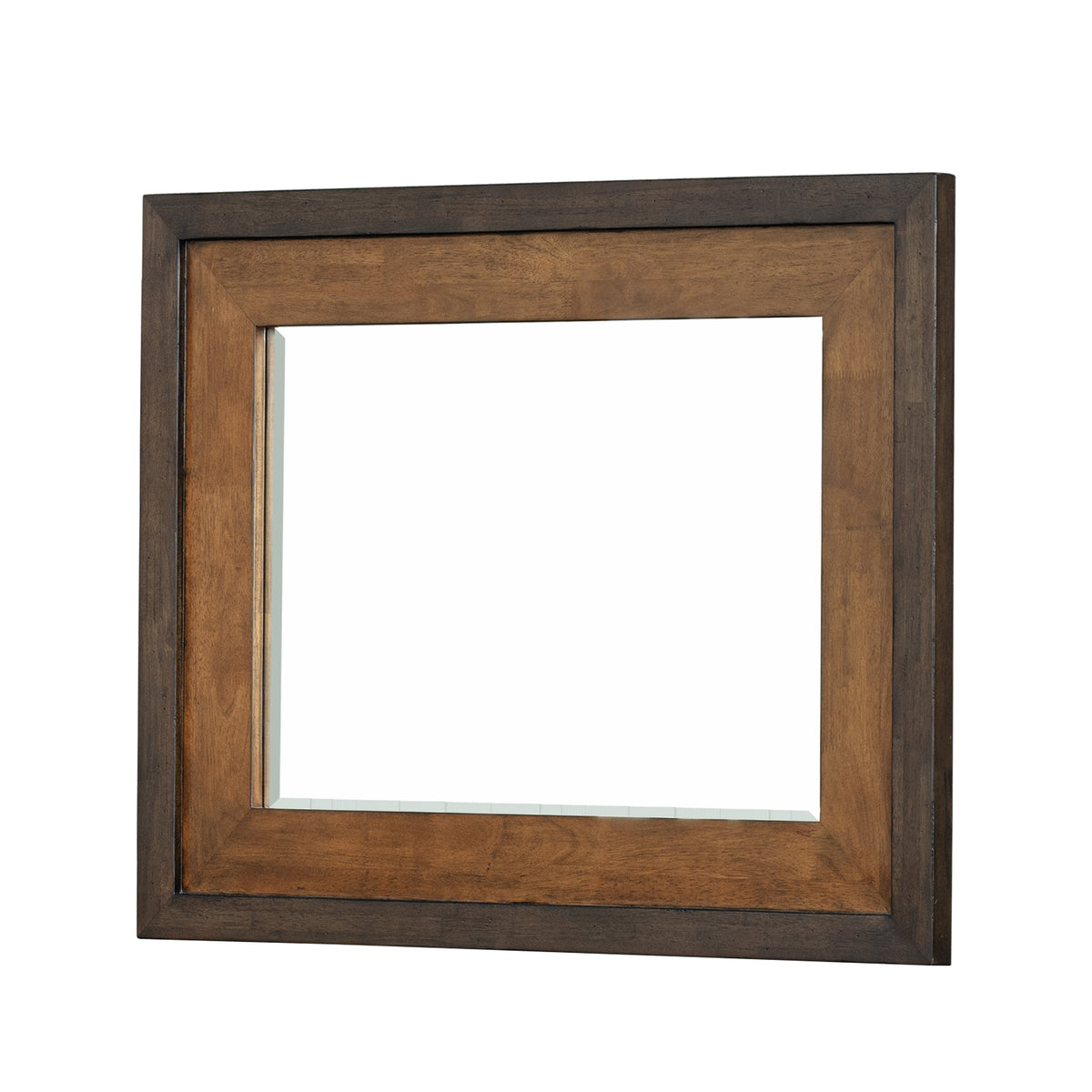 Rectangular bedroom mirror with dark wood-style frame and inner beveled edge