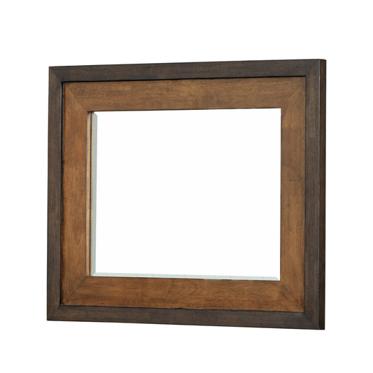 Rectangular bedroom mirror with dark wood-style frame and inner beveled edge