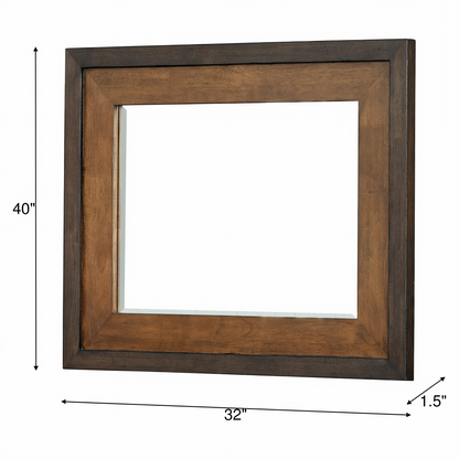 Rectangular bedroom mirror, 40 in H x 32 in W x 1.5 in D, dark wood frame