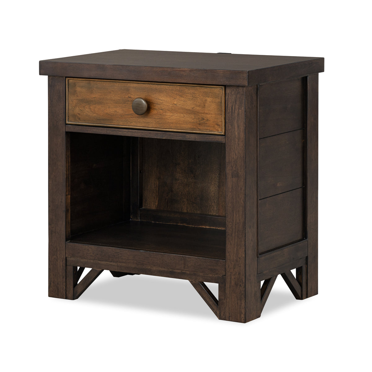 Dark wood nightstand with drawer, round knob, and open storage shelf