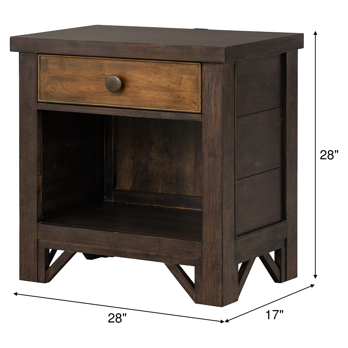 Dark wood nightstand: drawer with knob and open shelf, 28"H x 28"W x 17"D