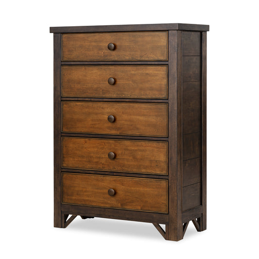 Wooden chest of drawers with four drawers and round knobs, dark brown finish