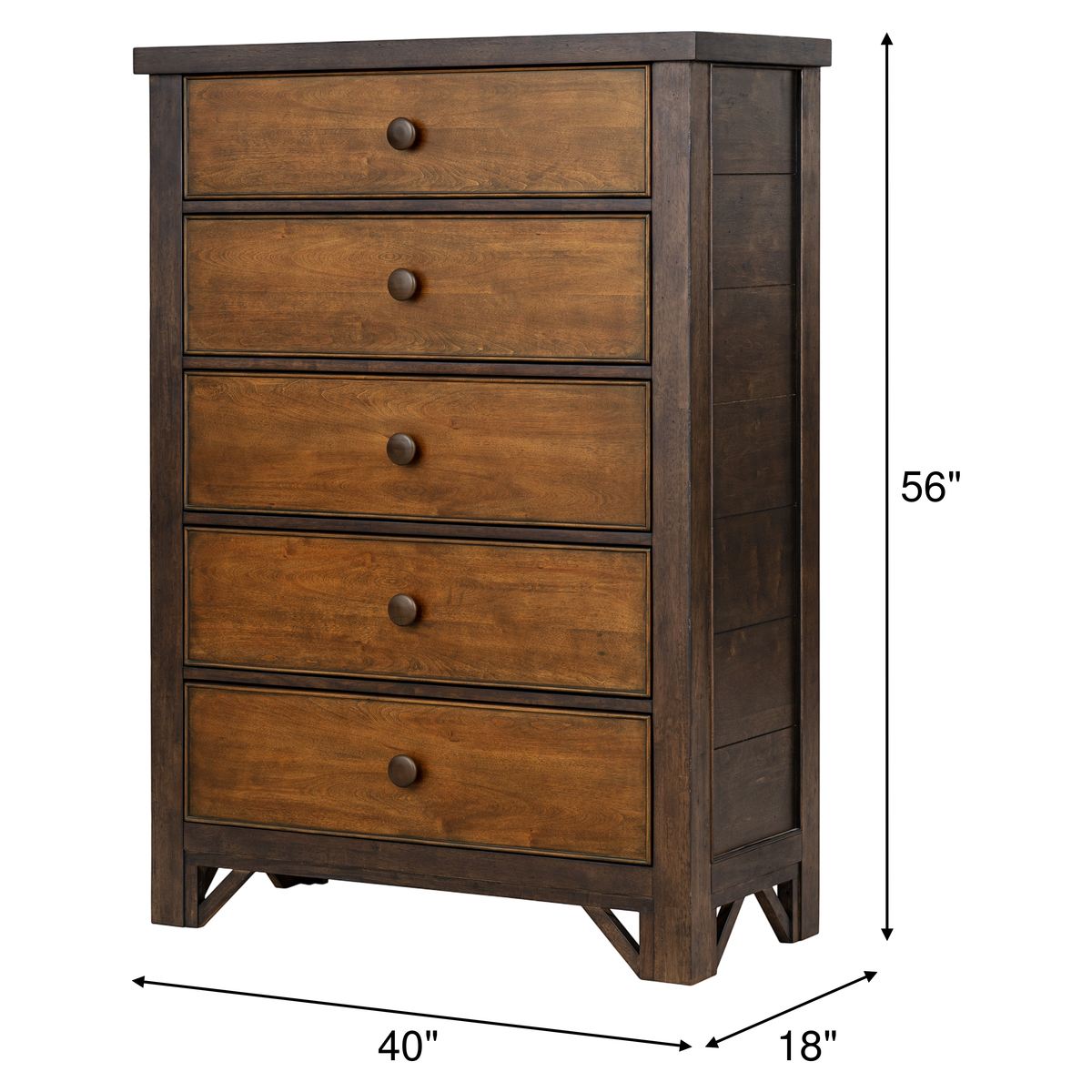 Chest of drawers with four drawers, round knobs, 56"H x 40"W x 18"D