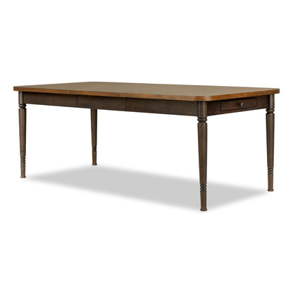 Rectangular wooden leg table with leaf extension and turned legs, side view.