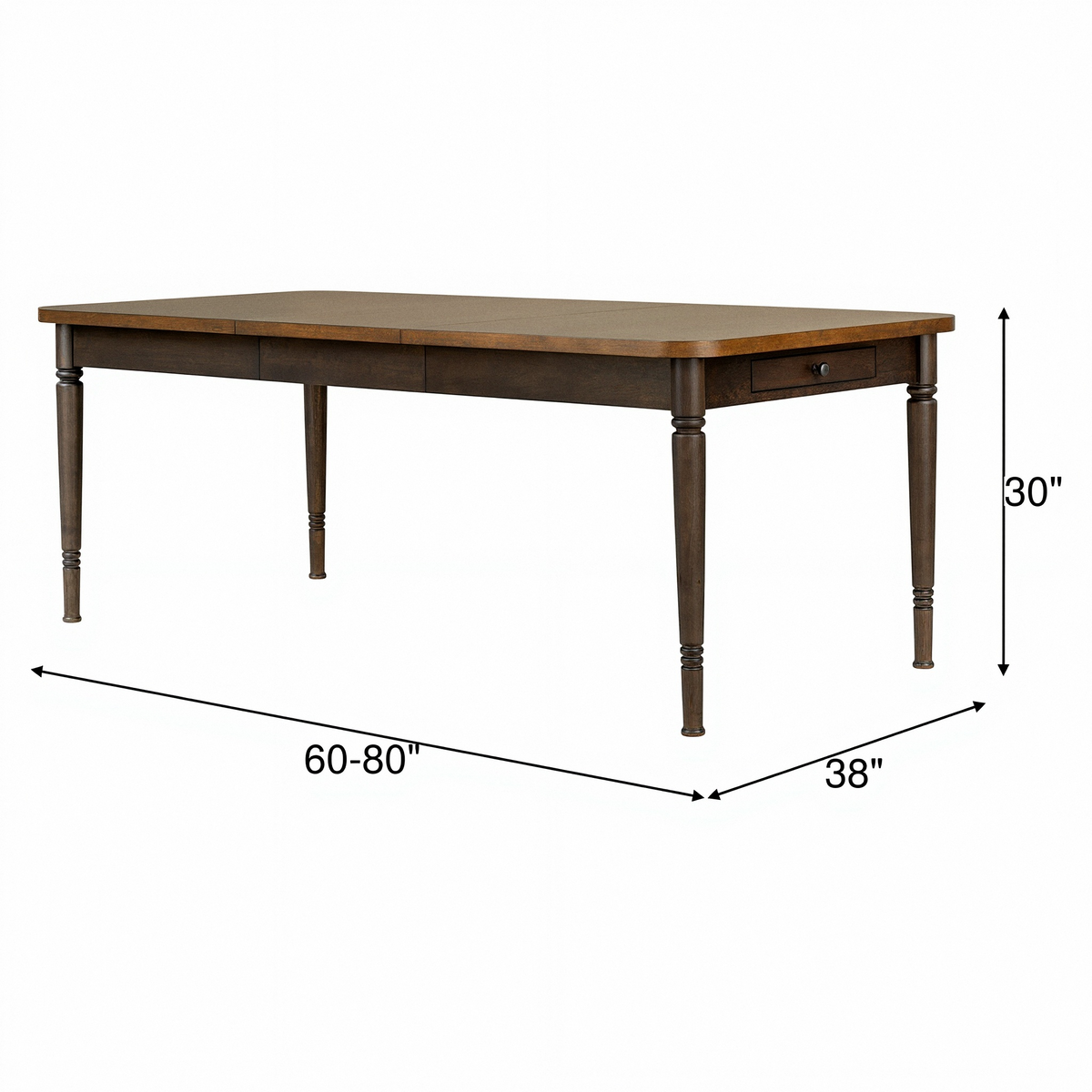 Wooden leg table with leaf and drawer; 30" height, 60–80" width.