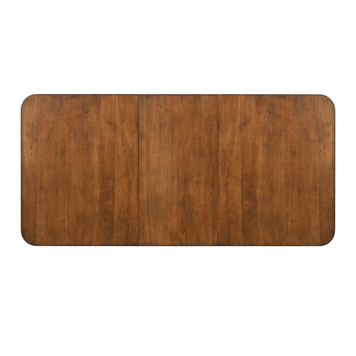Rectangular wooden table top with split panel for leaf extension and rounded corners.