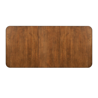 Rectangular wooden table top with split panel for leaf extension and rounded corners.