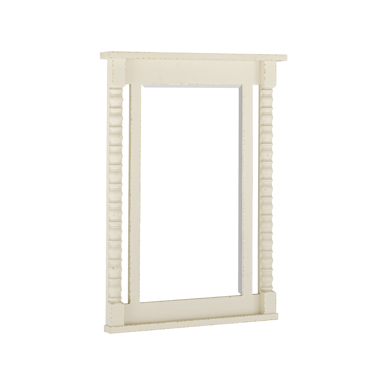 Rectangular bedroom mirror with off-white distressed frame and raised bead molding