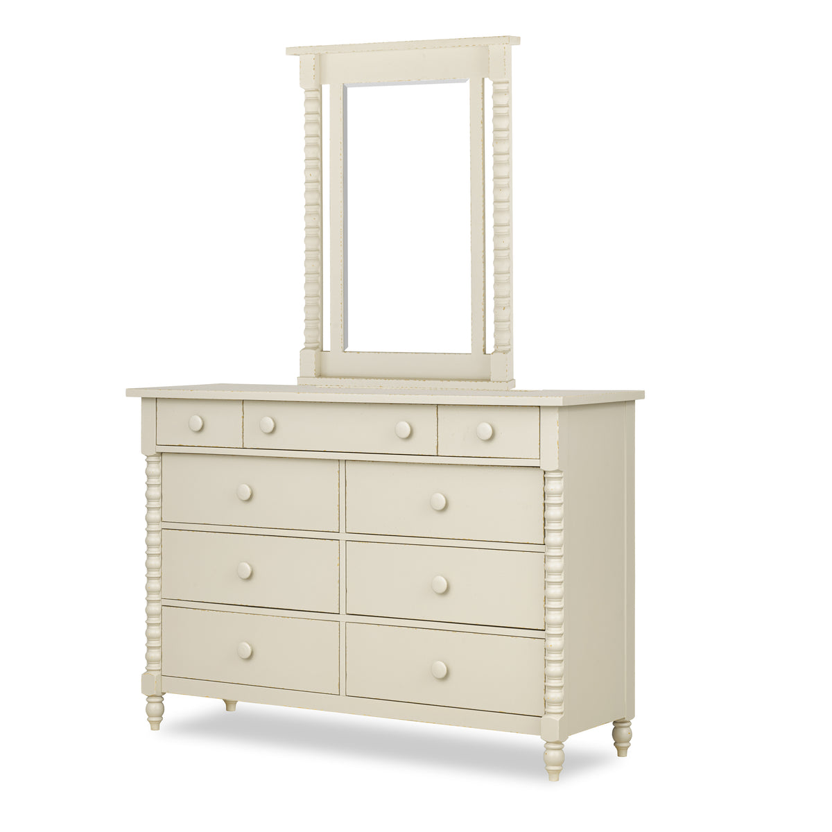 Cream dresser with tall mirror, multiple drawers, round knobs, turned legs
