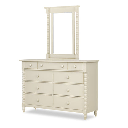 Rectangular bedroom mirror with off-white frame, paired with a matching dresser