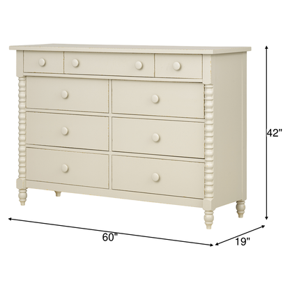 Cream dresser, 60" wide, 42" high, 19" deep, with six drawers and knobs