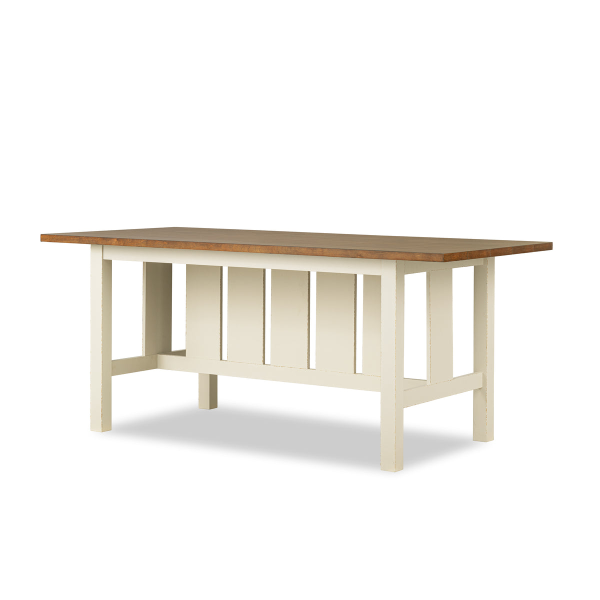 Counter-height trestle table with warm brown top and white trestle legs