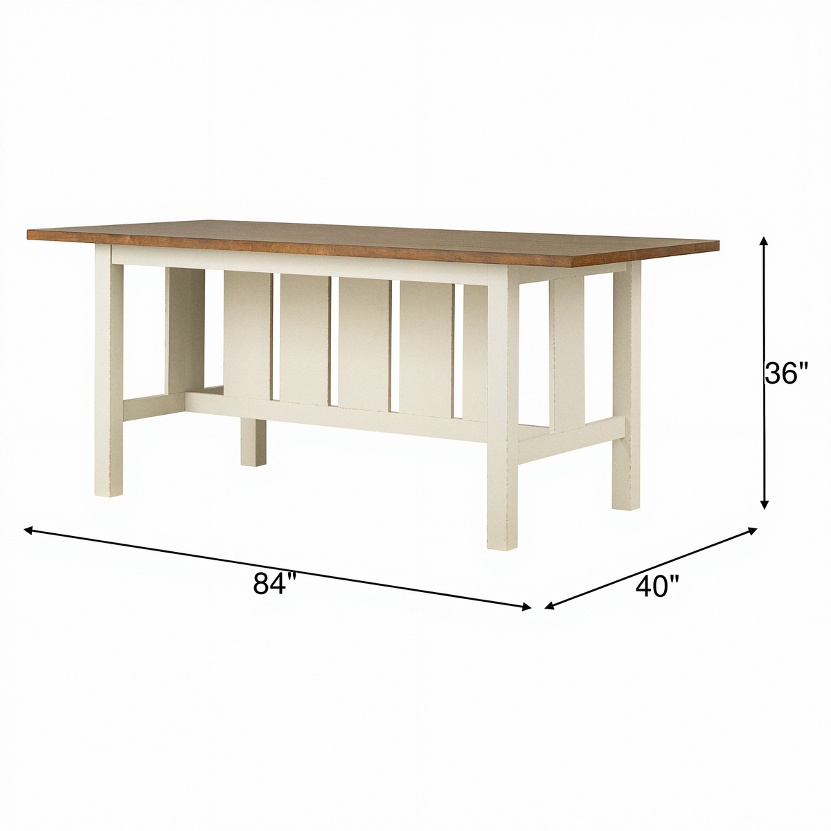 Counter-height trestle table with warm brown wood top and white slatted side apron