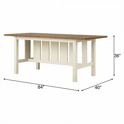 Counter-height trestle table with warm brown wood top and white slatted side apron
