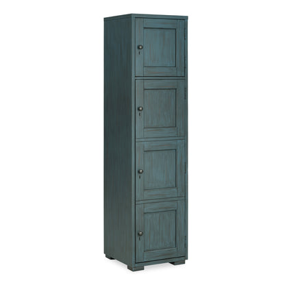 Tall wood storage locker with four door panels and metal knobs, dark teal