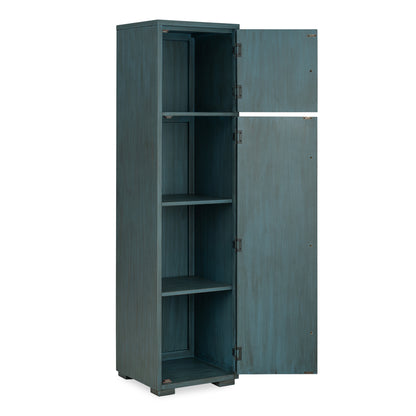 Wood storage locker with open door and three interior shelves, dark teal