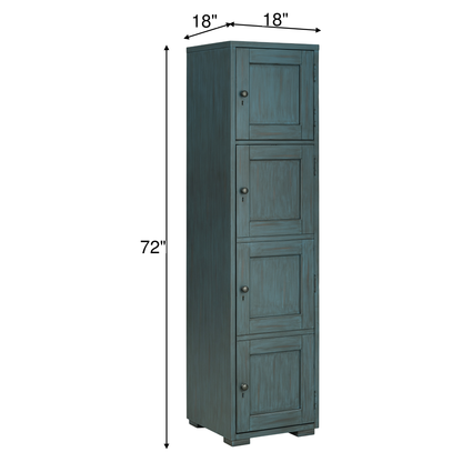 Tall storage locker with four doors, 72 in height and 18 in width, dark teal